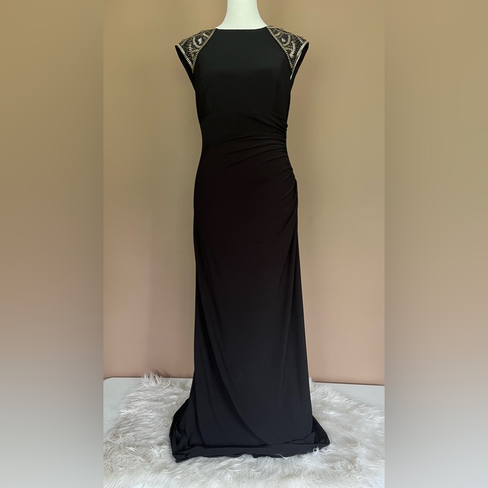 Xscape Black Maxi Dress with Beaded Shoulder Detail